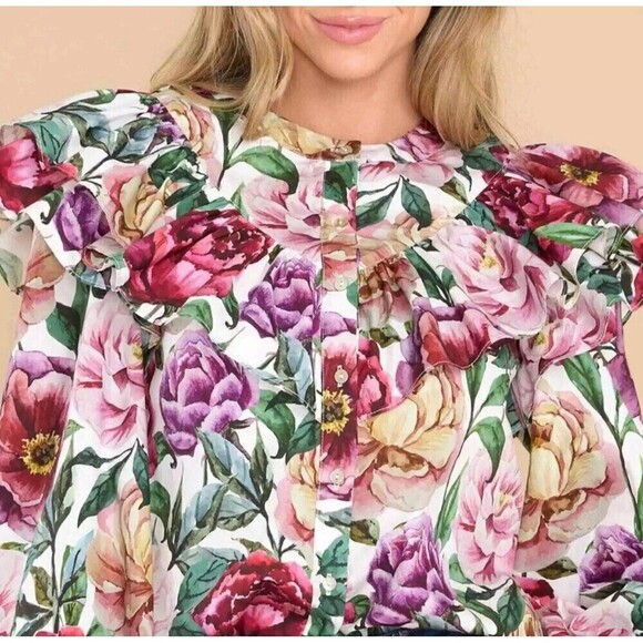 AURA Floral Ruffle Puff Sleeve Top Large Women’s Cotton Prairie Cottagecore NWT - Picture 2 of 14